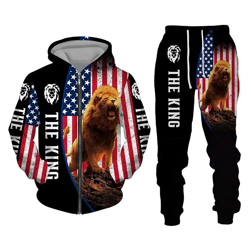 Men Zipper Hoodie Suit Autumn Winter Tracksuit Animal Lion 3D Print Sweatshirts Pants Sets Casual Oversize Clothing High-quality