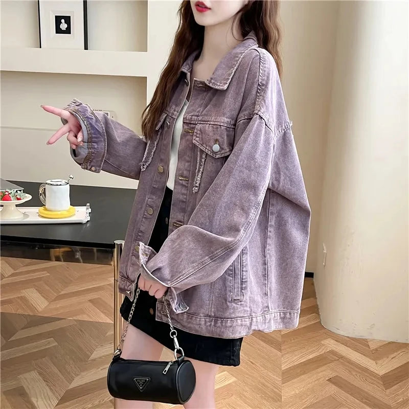 Casual Purple Denim Jacket for Women Loose Long-sleeved Autumn Outerwear Korean Style