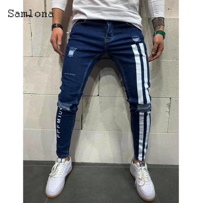 Samlona Jeans Mens Fashion Skinny Denim Pant Male Streetw New Patchwork Demin Pants Sexy Jeans Blue Grey Pencil Trouser