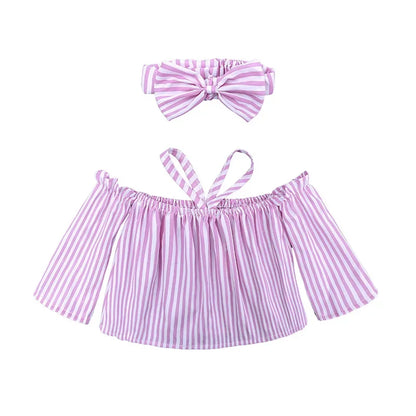 3Pcs/set Children Summer Clothing Outfit Off Shoulder Stripe Tops Ripped Pants Headbands Set Clothes for Kids Fashion Clothing