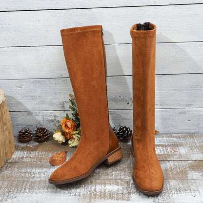 Women's Fashion Boots Spring and Autumn New Style Round Toe Back Zipper Knee-high Boots Women Stitching High Boots Simple Boots