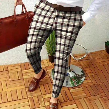 Mid-rise Zipper Button Fly Pockets Men Pants Autumn Plaid Print Straight Fit Casual Pencil Pants