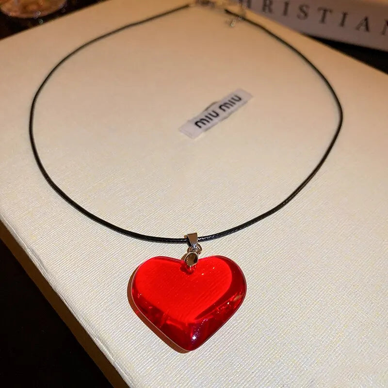 Red Heart Pendant Necklace For Women Girls Glass Crystal Necklace Black Leather Rope Chain Necklaces Y2k Jewelry Friends Gift