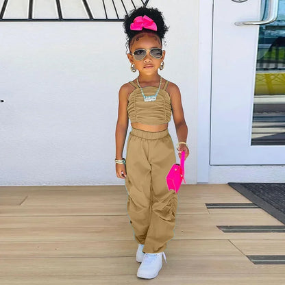 1-8years Baby Kids Summer Clothing For Girls Sleeveless Crop Tops+Cargo Pants 2pcs/sets Children's Fashion Clothes Outfits Girl