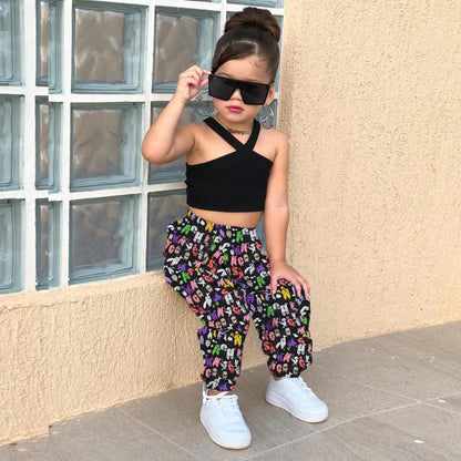 1-8Years Kids Girls Summer Clothes Sets Sleeveless Cross Crop Tops+Loose Casual Pants Baby Children Girl Beach Holiday Clothing