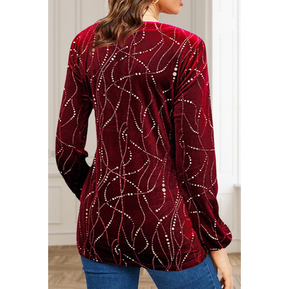 Plus Size Casual Burgundy Velvet Bronzing Print Sparkly Sequin Two Pieces Christmas Blouse Cover Up Tops with Round Neck Vest