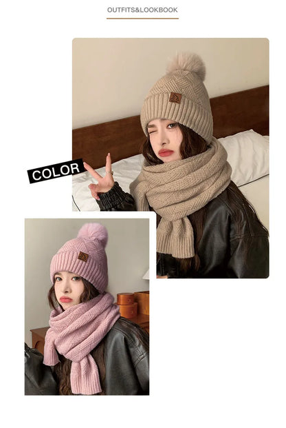 Women's Winter Double Layer Plus Fluff Ball Knit Hat Outdoor Warm Beanie Hat Two-Piece Set