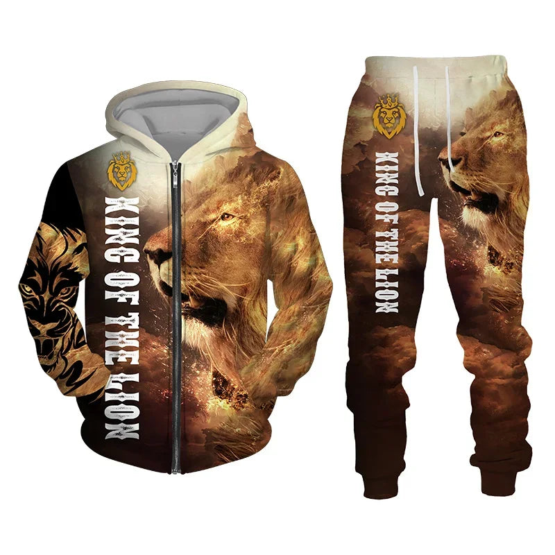 Men Zipper Hoodie Suit Autumn Winter Tracksuit Animal Lion 3D Print Sweatshirts Pants Sets Casual Oversize Clothing High-quality