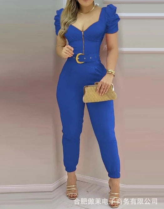 Women's Jumpsuit 2024 New Summer Female Clothing Elegant Street Trendsetters Solid Casual V-Neck Puff Sleeve High Waist Jumpsuit