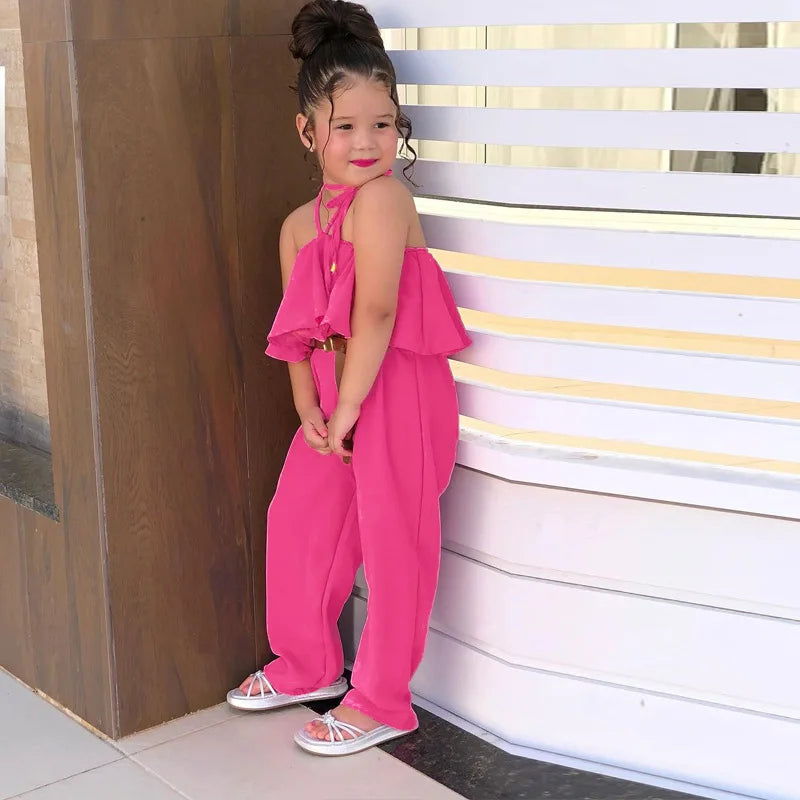 New Casual Girls' Summer Halter Ruffle Sleeve Jumpsuit Soild Suspender Romper Fashion Clothing for Toddler Girl 1-8 Years