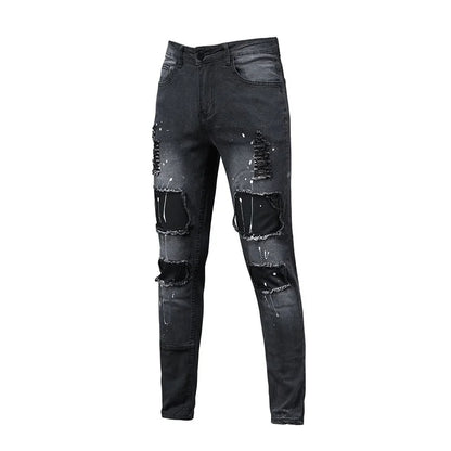 Retro Wash Distressed Stretch Ripped Jeans for Men Black 90% Cotton Tight Hole Patch Denim Joggers