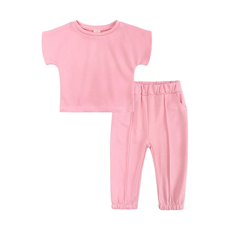 Fashion Kids Little Girls Clothing 2 Pieces Sets Cotton Solid Casual T-shirt+Elastic Waist Pants Young Children Outfits 1-6Y