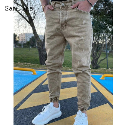 Samlona Jeans Mens Fashion Skinny Denim Pant Male Streetw New Patchwork Demin Pants Sexy Jeans Blue Grey Pencil Trouser