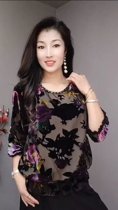 Autumn Winter Flower Western Style Top for Middle Aged and Elderly Moms Reduced Age Loose Fashion Bottom Shirt for Women