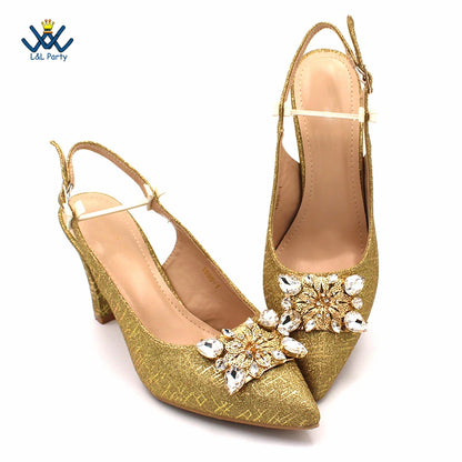 Champagne Color High Quality Women Pointed Toe Shoes Matching Bag Set for Nigerian Ladies Wedding Party