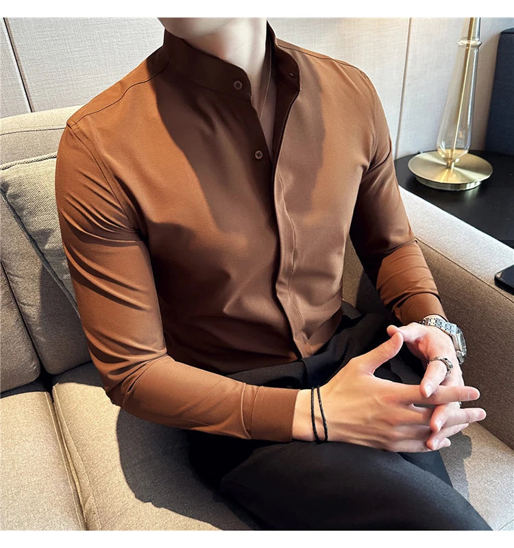 2024 New Stand Collar Luxury Shirts For Men High Quality Hide Buttons Design Solid Slim Fit Business Party Wedding Dress Shirts