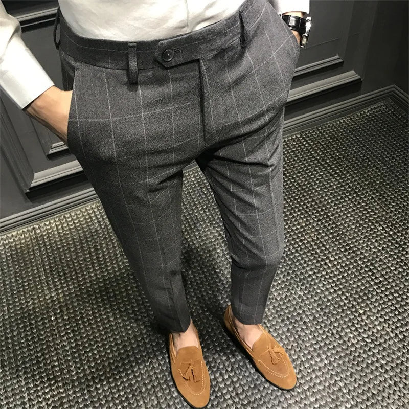 Spring Plaid Casual Trousers For Men Slim Fit Korean Style Cropped Pants Trendy Suit Pants Man's Slacks Fashionable Shorts