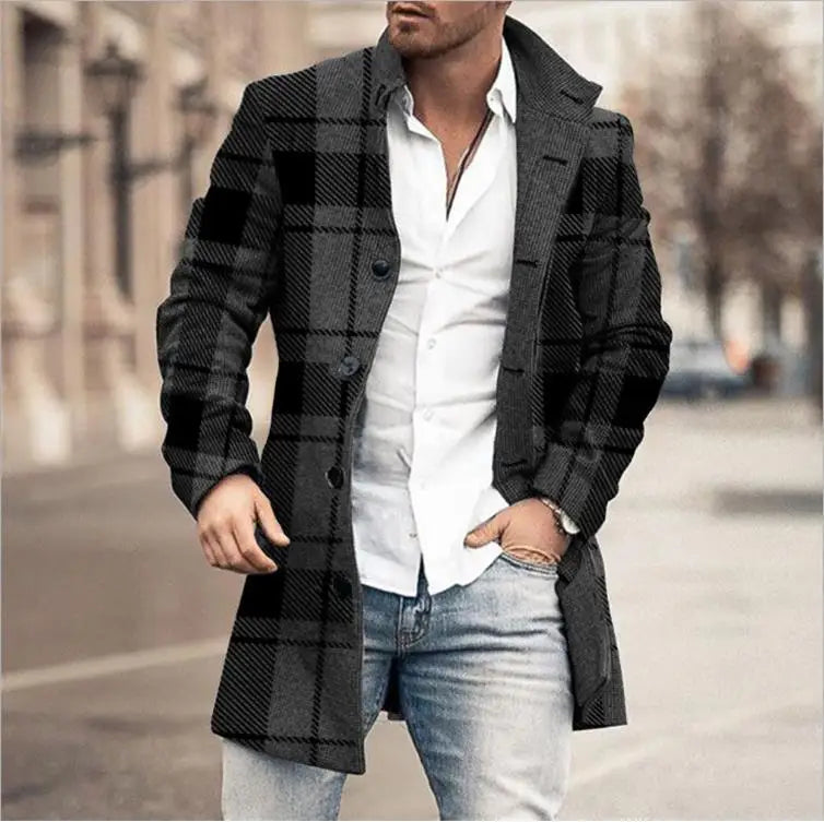 Autumn Winter Woolen Printing Men's Coat Coat Windbreaker Long Sleeve Single Breasted Button Fashion Casual Jacket