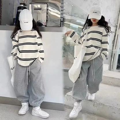 2024 Korea Style Simple Kids Clothes Girl 2Pcs Set Clothing Long Sleeve Striped+Loose Pant Outfits for Teen Girl 6 8 10 12 14Y