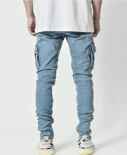 Men Jeans Pencil Pants Cargo Denim Solid Ankle Length Washing Pockets Mid Waist Sheath Slim Slight Strech High Street 2024