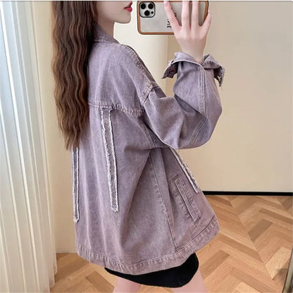 Casual Purple Denim Jacket for Women Loose Long-sleeved Autumn Outerwear Korean Style