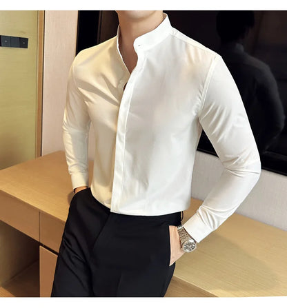 2024 New Stand Collar Luxury Shirts For Men High Quality Hide Buttons Design Solid Slim Fit Business Party Wedding Dress Shirts