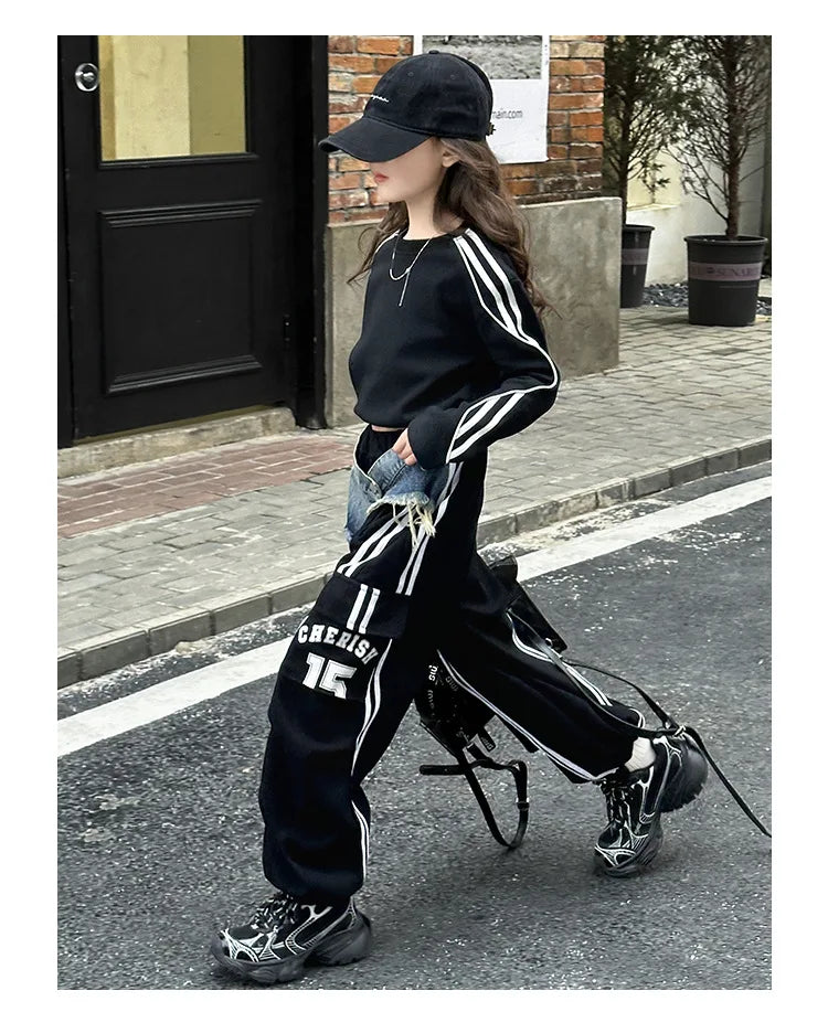 2025 spring teen girl American spliced denim drawstring work pants junior kid casual floor sports Wide leg trousers short hoodie