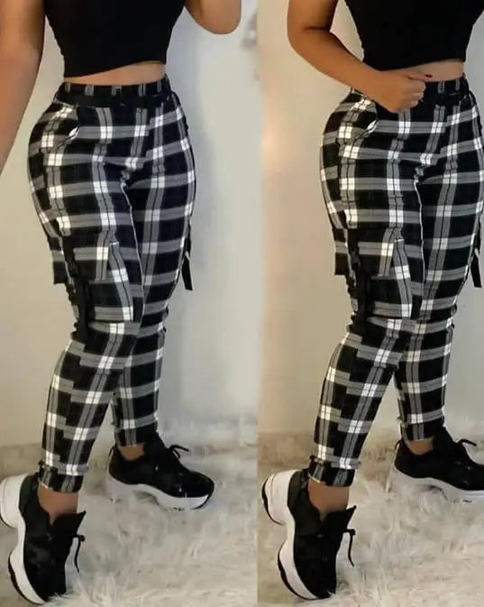 Winter Pants Women 2023 Slim Fitting Printed Checkered Overalls Fashion Versatile Casual Tight Fit Trousers Female Y2k Clothes