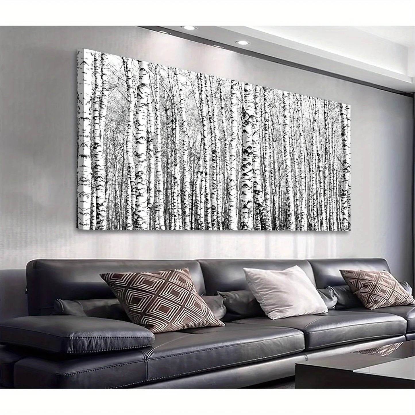 Framed large birch canvas wall art - modern black and white woodland scene, living room and home office fall style decor