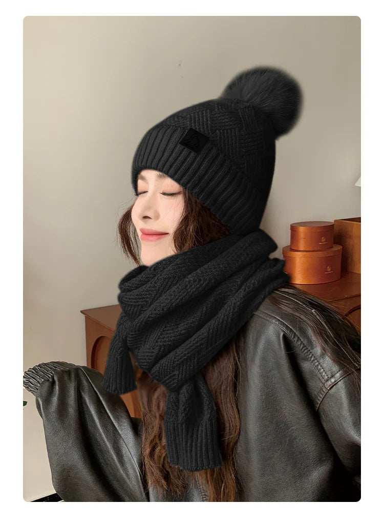 Women's Winter Double Layer Plus Fluff Ball Knit Hat Outdoor Warm Beanie Hat Two-Piece Set