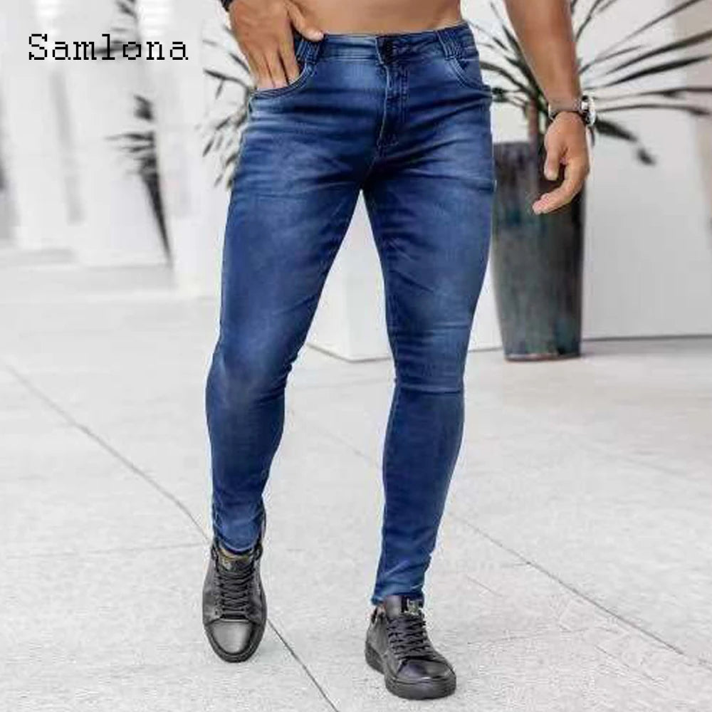 Samlona Jeans Mens Fashion Skinny Denim Pant Male Streetw New Patchwork Demin Pants Sexy Jeans Blue Grey Pencil Trouser