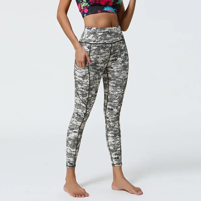 Hot Sale Women Elastic Pants with Pocket Flower Printed Yoga Legging