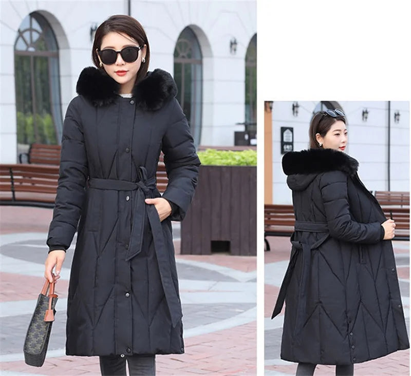 New Snow Wear Coat Women Parkas Fur Collar Down Cotton Jacket Warm Female Loose Long Winter Jackets Puffer Parka Outerwear