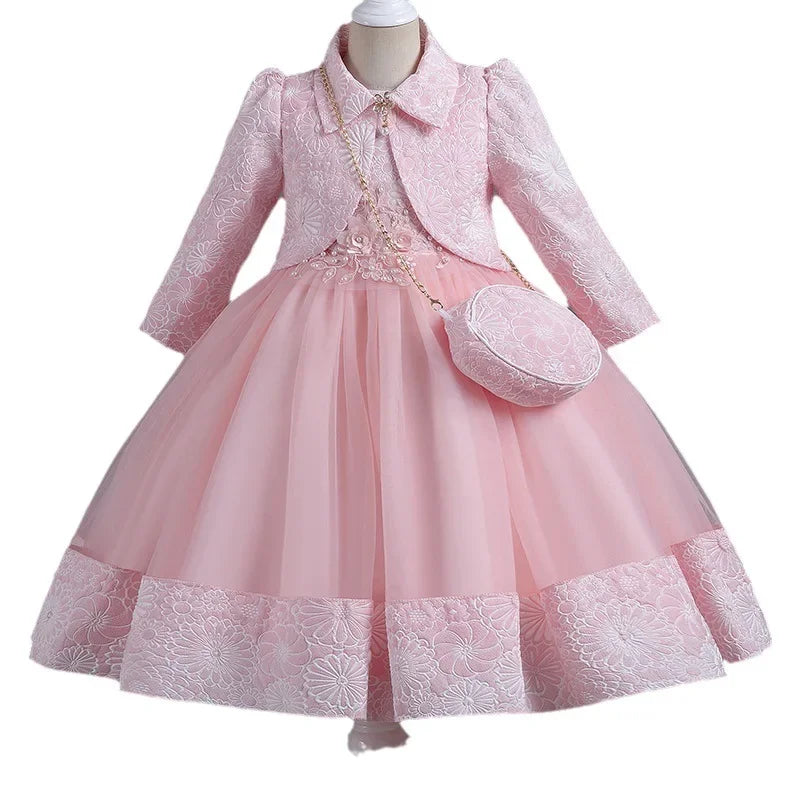 3-piece Spanish Style Dress Cotton Lined Jacquard Fabric Girls Children’s Fashion Clothing Children’s Dress Chinese Collar Jacke