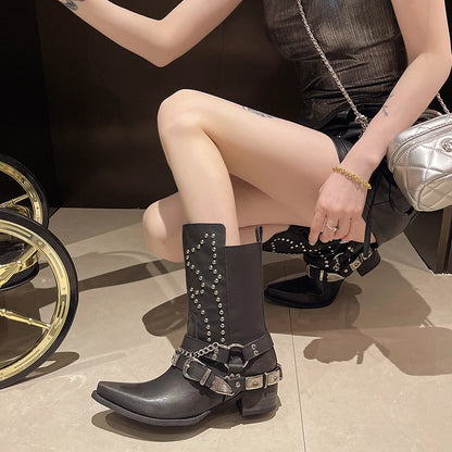 Goth Woman Shoes Cowboy Boots Botins Low Black New Rock Pole Dance Rivet Chunky Heels Western Pointed Toe Metal Chains Trending