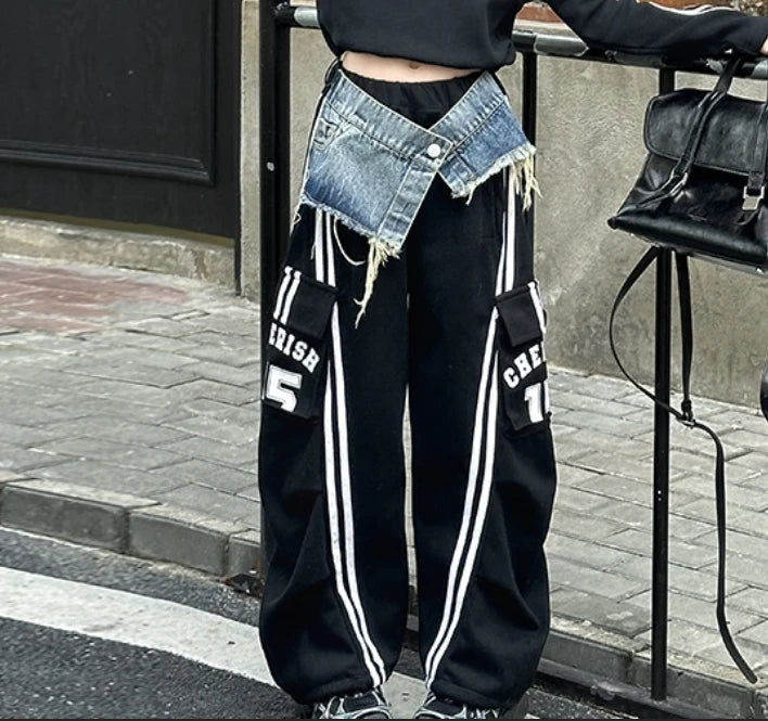 2025 spring teen girl American spliced denim drawstring work pants junior kid casual floor sports Wide leg trousers short hoodie