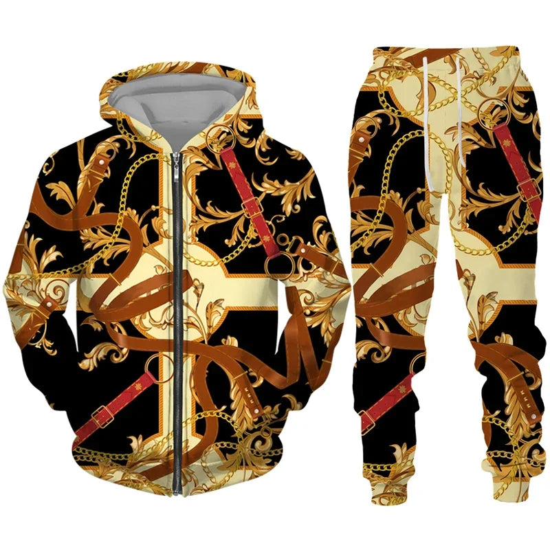 Men Zipper Hoodies Set Luxury Golden Pattern 3D Print Casual Tracksuit+Pants 2pcs Sets Oversized Sweatshirt Fashion High-quality