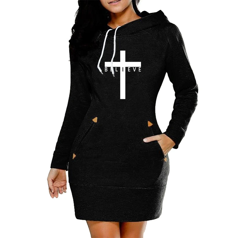 Zip Neckline Midi Dresses Casual Fashion Spring Simple Skirt Daily Warm Sports 2024New Hooded Autumn Sweatshirt Pockets Womens