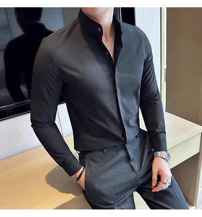 2024 New Stand Collar Luxury Shirts For Men High Quality Hide Buttons Design Solid Slim Fit Business Party Wedding Dress Shirts