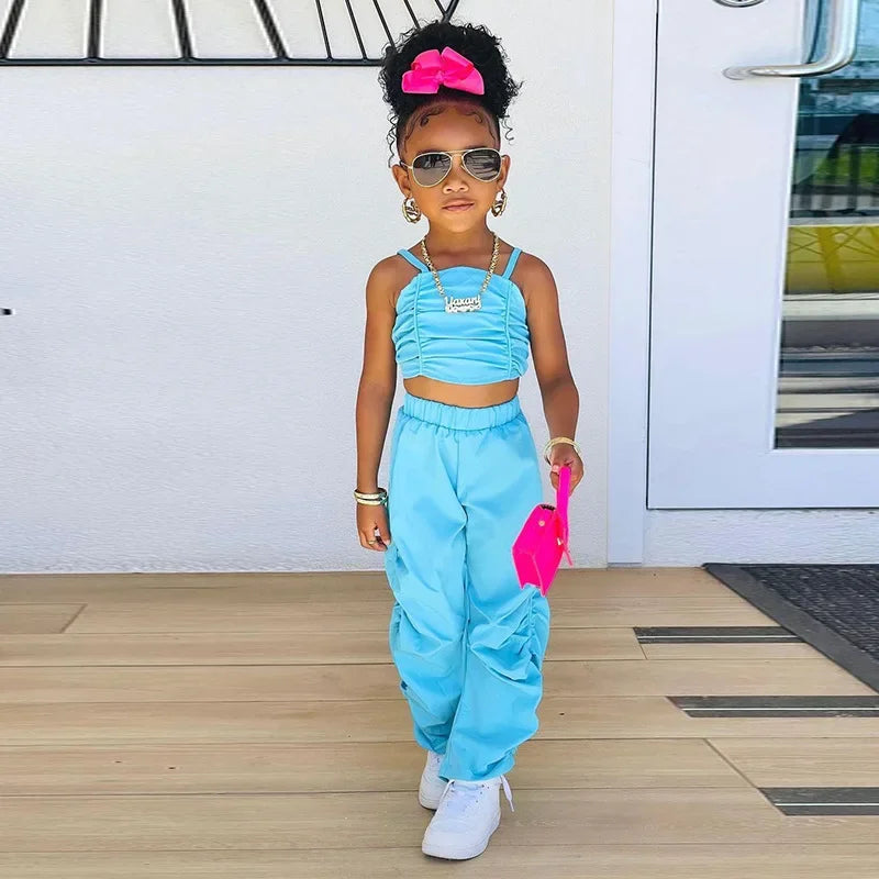 1-8years Baby Kids Summer Clothing For Girls Sleeveless Crop Tops+Cargo Pants 2pcs/sets Children's Fashion Clothes Outfits Girl