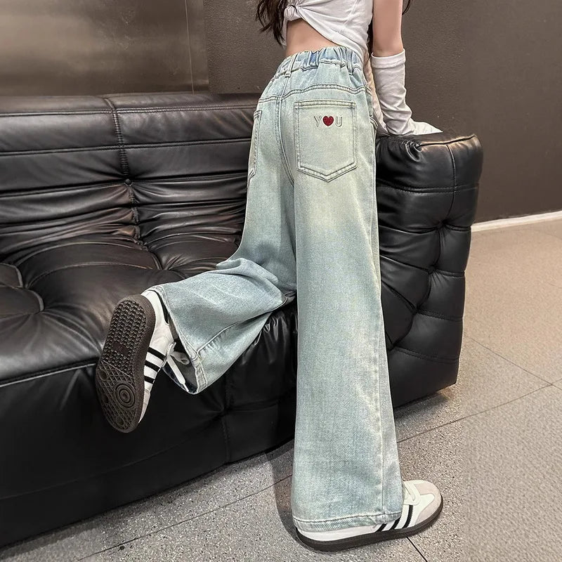 Kids High Waisted Washed Jeans Classic Trendy Street Straight Denim Pants for Girls Simple Style Jeans Trousers For Teens Child