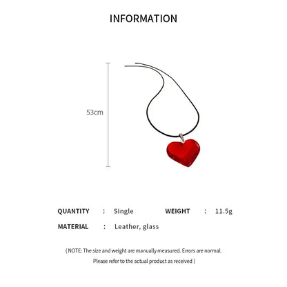 Red Heart Pendant Necklace For Women Girls Glass Crystal Necklace Black Leather Rope Chain Necklaces Y2k Jewelry Friends Gift