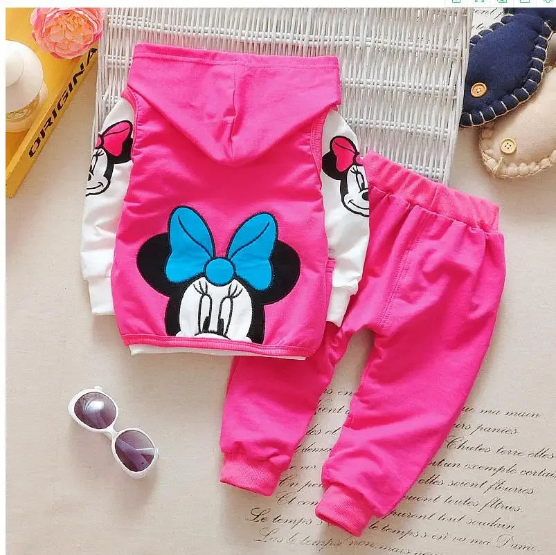 Baby Girls Minnie Mickey Clothing Set Children Spring Autumn 3Pcs Sets Hooded Jacket Coat Vest Pants Suits Kids Cartoon Clothes