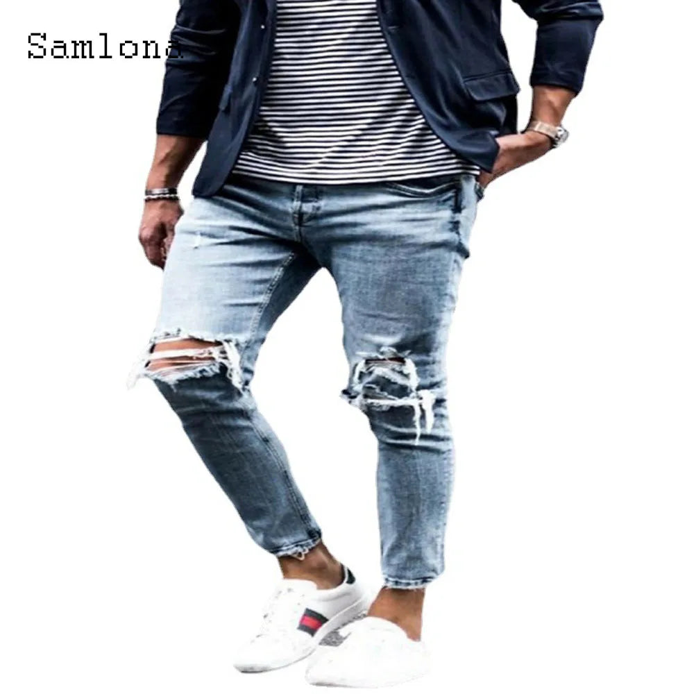 Samlona Jeans Mens Fashion Skinny Denim Pant Male Streetw New Patchwork Demin Pants Sexy Jeans Blue Grey Pencil Trouser