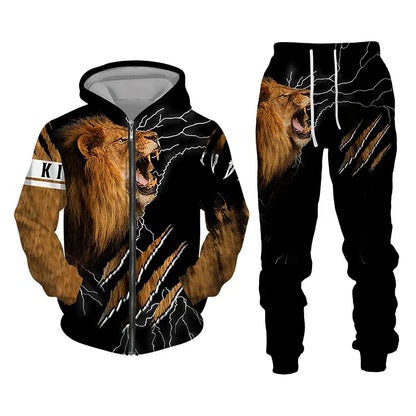 Men Zipper Hoodie Suit Autumn Winter Tracksuit Animal Lion 3D Print Sweatshirts Pants Sets Casual Oversize Clothing High-quality