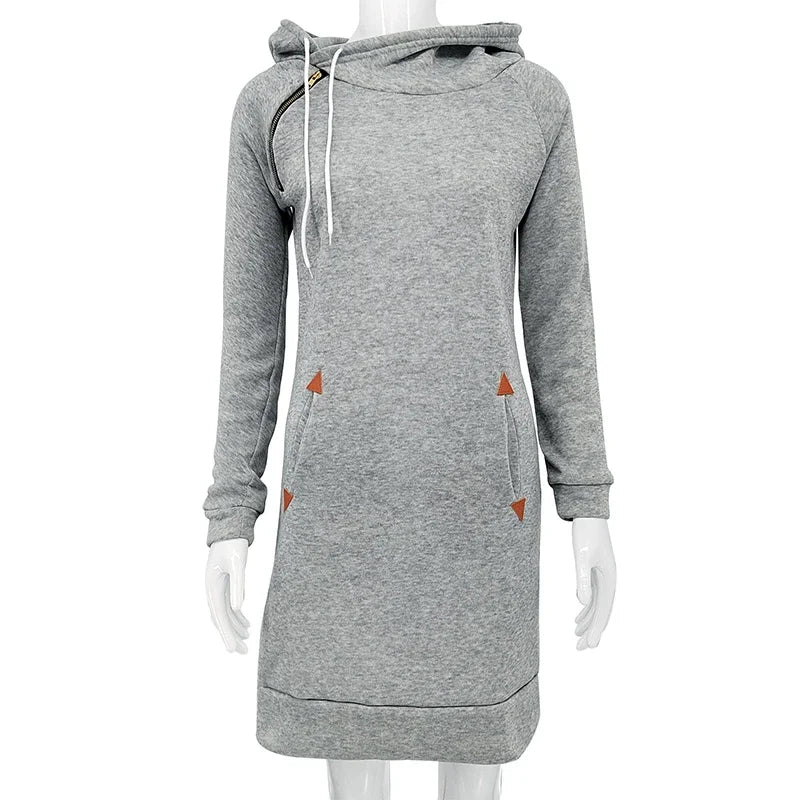 Spring And Autumn Ladies Knee-Length Dress Hooded Warm Sweatshirt Long Sleeve Camp Collar Pocket Simple Casual Sports Dress