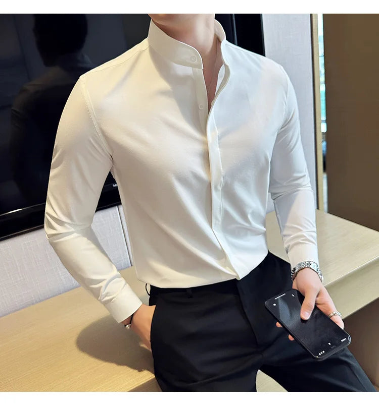 2024 New Stand Collar Luxury Shirts For Men High Quality Hide Buttons Design Solid Slim Fit Business Party Wedding Dress Shirts