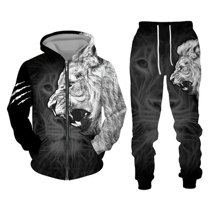 Men Zipper Hoodie Suit Autumn Winter Tracksuit Animal Lion 3D Print Sweatshirts Pants Sets Casual Oversize Clothing High-quality