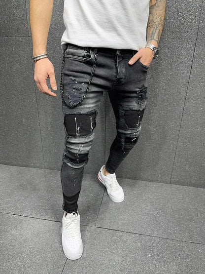 Retro Wash Distressed Stretch Ripped Jeans for Men Black 90% Cotton Tight Hole Patch Denim Joggers