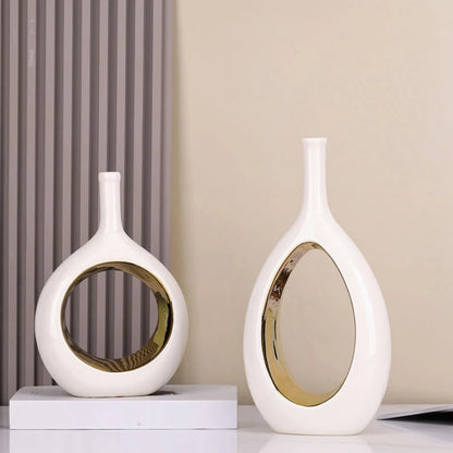 ABVA-White And Gold Vase Ceramic White Vases Home Decor,Modern Minimalist Circle With Hole Decorative Vase